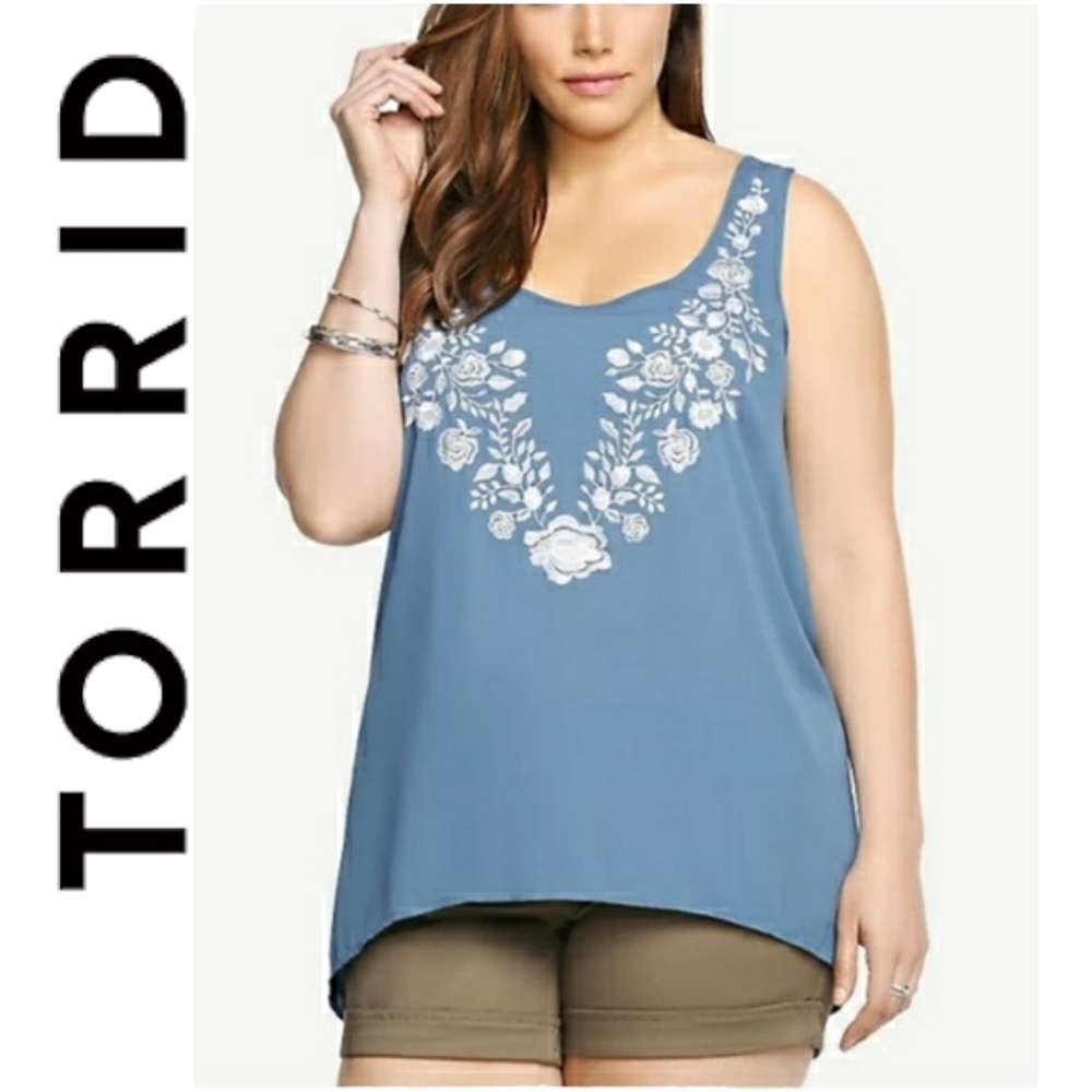 Torrid Slate Blue Georgette Sheer Floral Embroidered Tank Top 1X